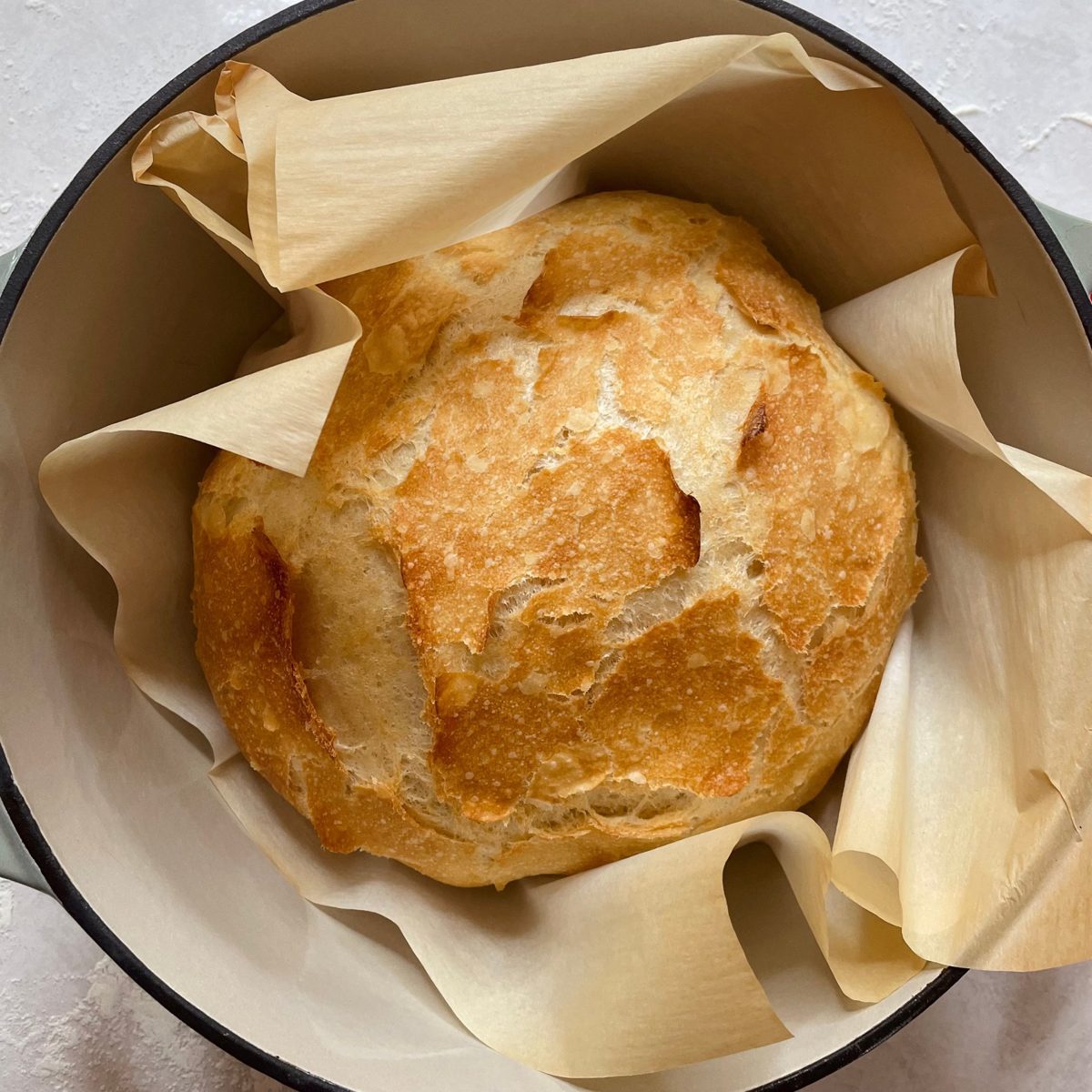 Baked sourdough boule in a Dutch oven lined with parchment